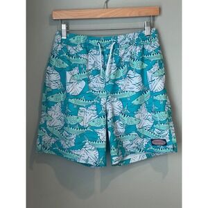 Vineyard Vines Boys Teal Fish Shell Print Swim Trunks Board Shorts Size L 16